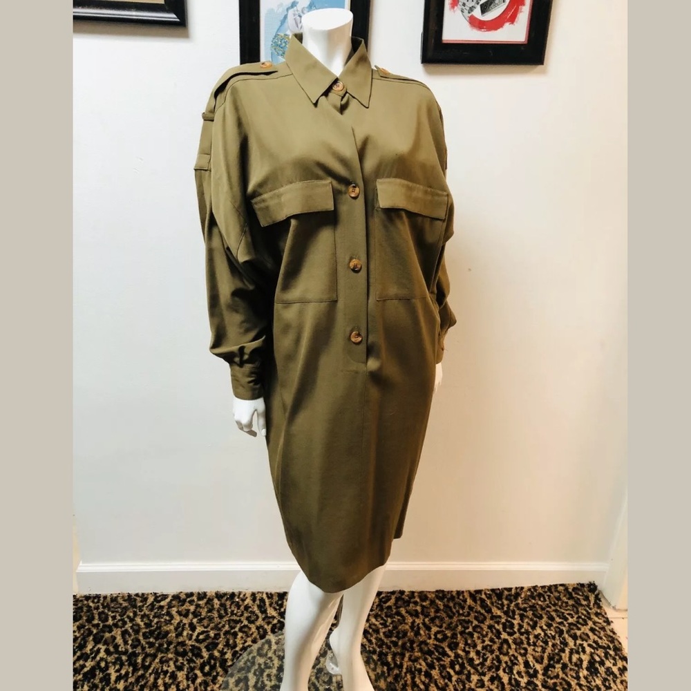 Vintage Ellen Tracy Olive Green L/S Shirt Dress 10